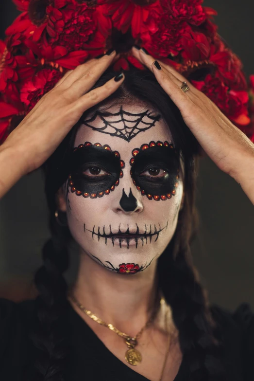 a woman with a sugar skull make up, a cartoon, pexels contest winner, rose crown, promo image, mexican, halloween film