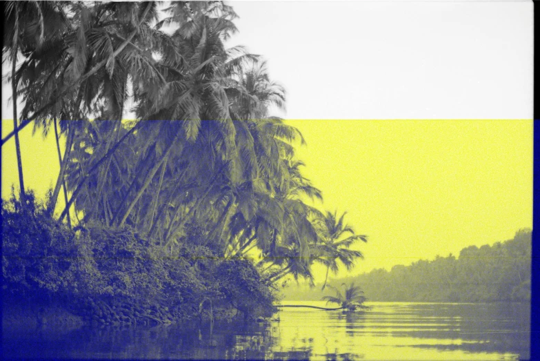 a large body of water surrounded by palm trees, an album cover, by Odhise Paskali, dada, yellow and blue color scheme, datapipeline or river, duotone, split - complementary - colors