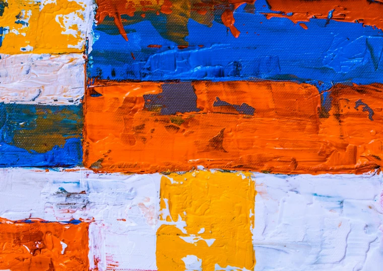 a close up of a painting on a wall, inspired by Christo, pexels contest winner, abstract expressionism, blue orange, patchwork, rectangle, canvas