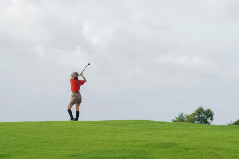 a man swinging a golf club on top of a lush green field, by Alison Watt, pexels contest winner, overcast, avatar image, no cropping, plain background