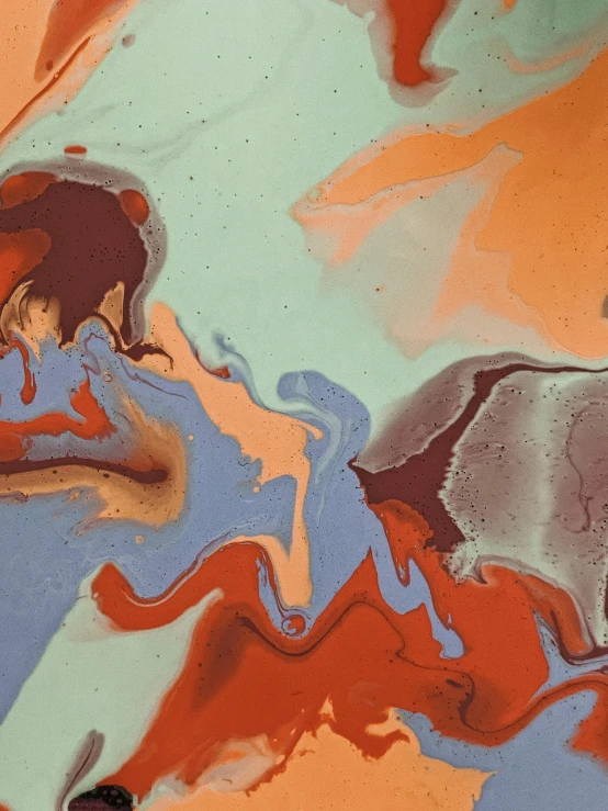 a man flying through the air while riding a skateboard, inspired by Helen Frankenthaler, trending on unsplash, abstract art, lacquer on canvas, closeup of face melting, teal orange color palette 8k, marbled swirls