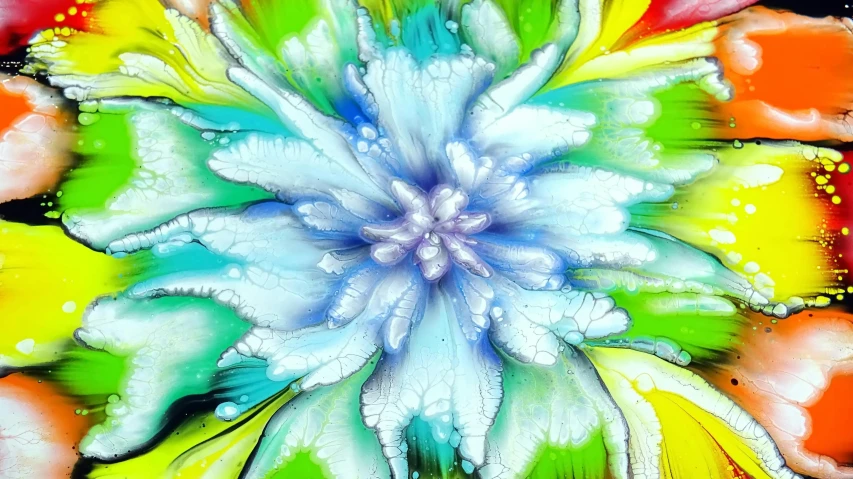 a close up of a painting of a flower, an airbrush painting, trending on pixabay, chartreuse and orange and cyan, dominant wihte and blue colours, fanciful floral mandelbulb, white flower