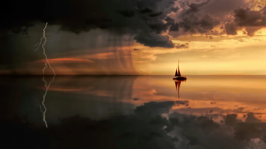 a boat floating on top of a body of water under a cloudy sky, a picture, inspired by Gediminas Pranckevicius, pexels contest winner, dramatic storm sunset, sailboat, while it's raining, reflecting