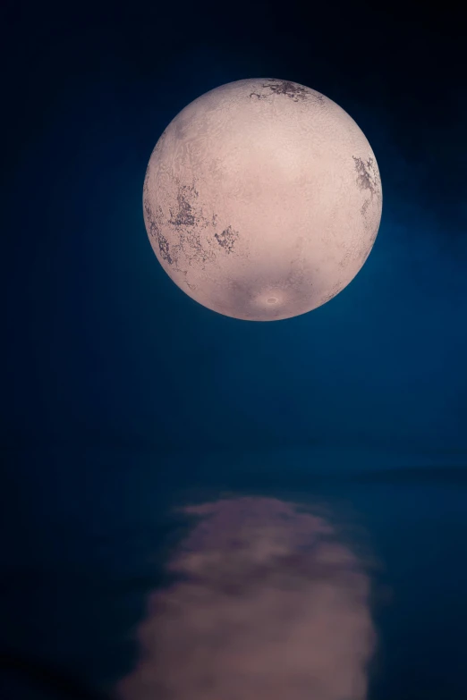 a full moon is reflected in the water, an album cover, by Alison Geissler, trending on unsplash, romanticism, giant pink full moon, pluto, paul barson, prize winning color photo