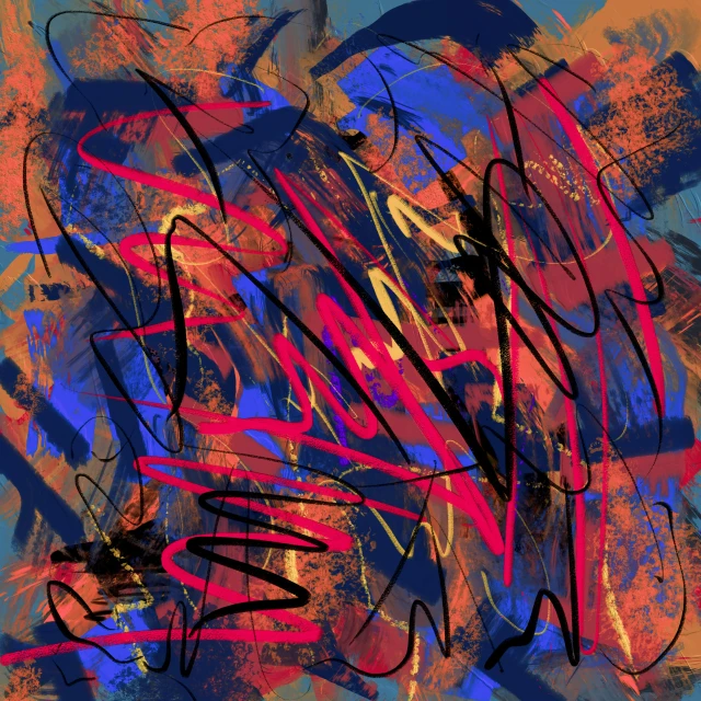 a painting that has some writing on it, a digital painting, inspired by Jean-Paul Riopelle, lyrical abstraction, dayglo pink and blue, digital art - n 9, artwork, digital painting - n 5