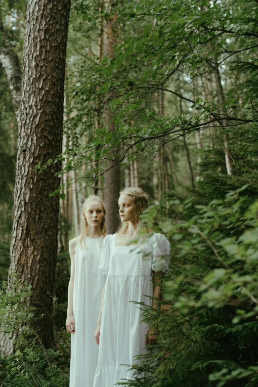 two women in white dresses standing in the woods, an album cover, by Anna Boch, unsplash, a full portrait of nordic female, ((forest)), concert, twin motion