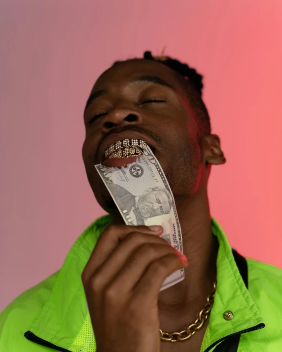 a man with a money bill in his mouth, an album cover, by Cosmo Alexander, trending on pexels, queer, thot, glowy, eating