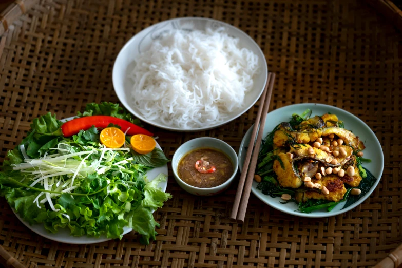 a table topped with plates of food and chopsticks, a portrait, dang my linh, background image, square, vegetable