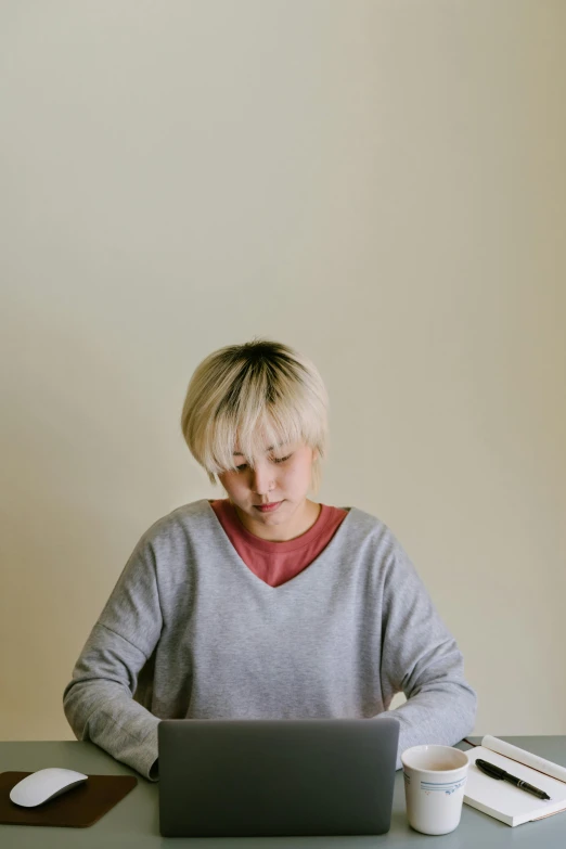 a woman sitting at a table with a laptop, an album cover, inspired by jeonseok lee, trending on unsplash, hyperrealism, short platinum hair tomboy, grey sweater, standing, young child