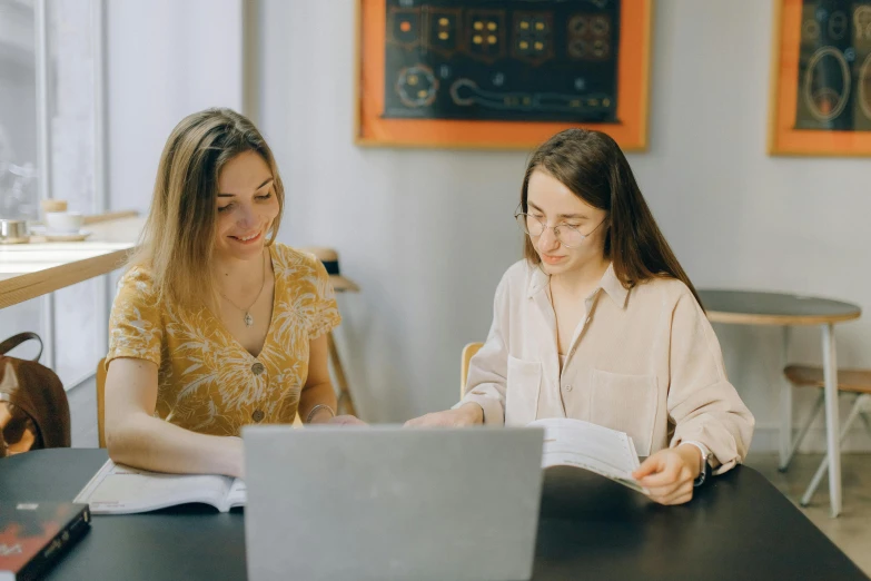 two women sitting at a table looking at a laptop, pexels contest winner, studious, grey, background image, in a classroom