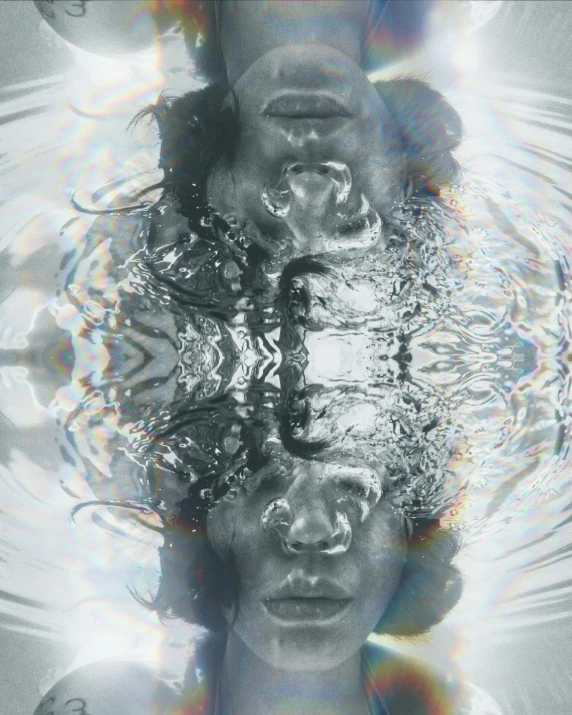 a black and white photo of a woman under water, an album cover, inspired by Dora Maar, unsplash, video art, kaleidoscopic, ignant, resin, iridescent tubes