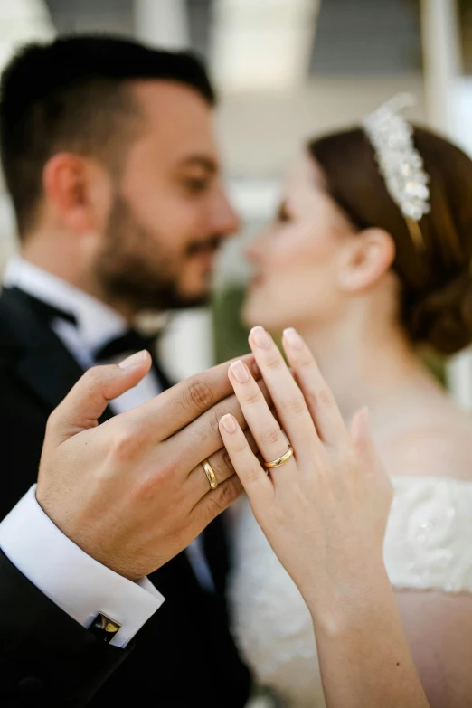 a man in a tuxedo putting a wedding ring on a woman's finger, a picture, pexels contest winner, renaissance, van cleef & arpels style, thumbnail, couple dancing, mina petrovic