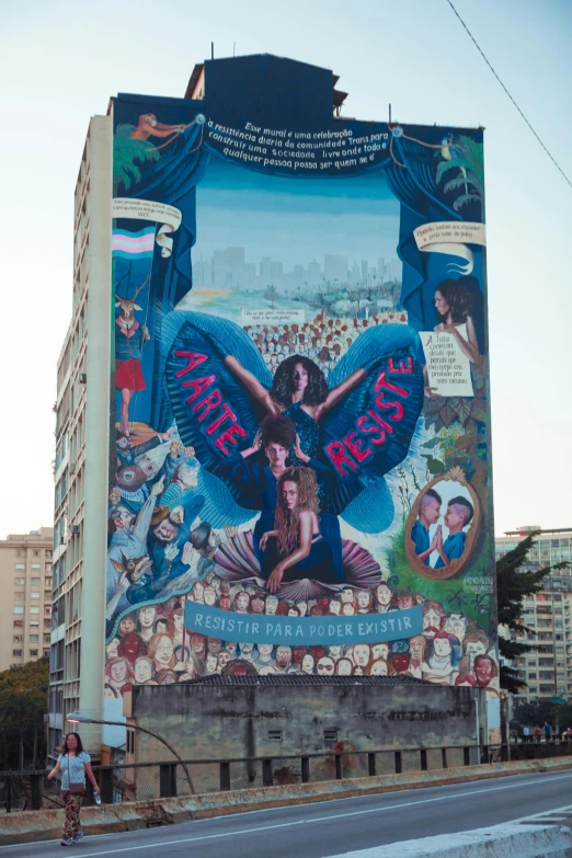 a large mural on the side of a building, a poster, by Matteo Pérez, restored, spreading her wings, 1 9 7 0 s film, 8 k ”