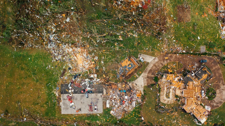 an aerial view of a house destroyed by a tornado, a portrait, by Dan Scott, mixed art