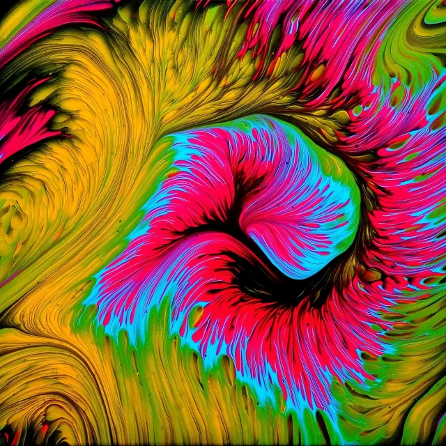 a colorful swirl of paint on a black background, a digital rendering, by George Aleef, extremely psychedelic experience, wind blowing, [ 4 k digital art, 70s psychedelic style