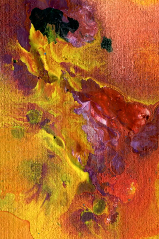 a painting of sunflowers on a yellow background, an abstract painting, inspired by Zao Wou-Ki, detail, some red and purple and yellow, ( ( abstract ) ), abstract liquid