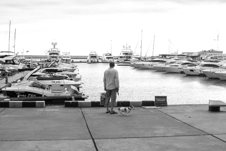 a man standing on top of a pier next to a dog, a black and white photo, pexels contest winner, happening, boats, standing in a parking lot, square, low quality footage