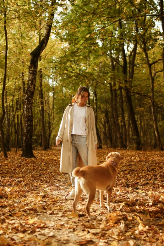 a woman walking a dog in the woods, pexels, fine art, light brown trenchcoat, autum, 1 4 9 3, gold