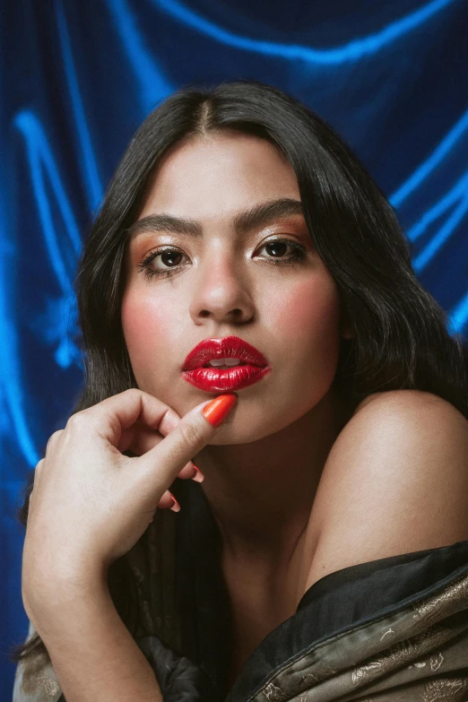 a woman with red lipstick posing for a picture, inspired by reyna rochin, isabela moner, essence, glossy, shot from below