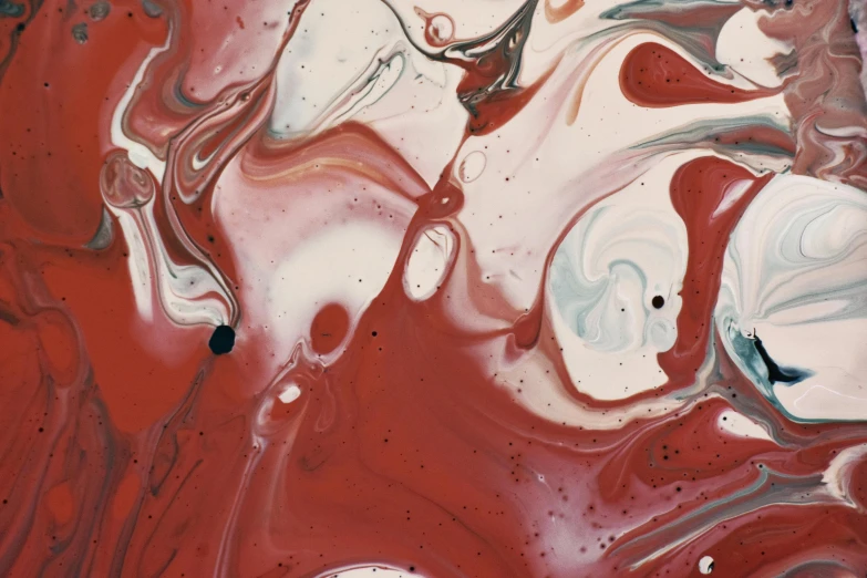 a close up of a red and white painting, inspired by Shōzō Shimamoto, trending on pexels, marbled swirls, caramel, silver red, flume