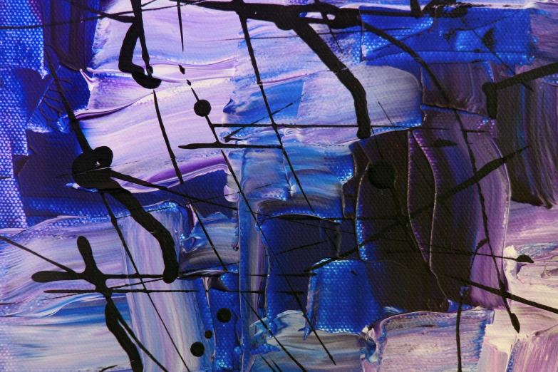 a close up of a painting on a canvas, an abstract painting, inspired by Jean-Paul Riopelle, flickr, abstract art, black and blue and purple scheme, digital art - n 9, violet and black, acrylic canvas