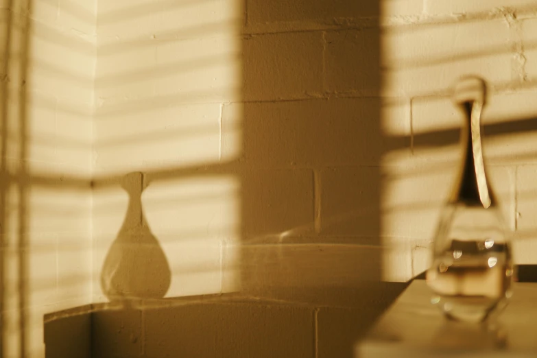 a vase sitting on top of a counter next to a window, inspired by Elsa Bleda, unsplash, light and space, long cast shadows, soft light through blinds, still from the film, walls with tone of yellow