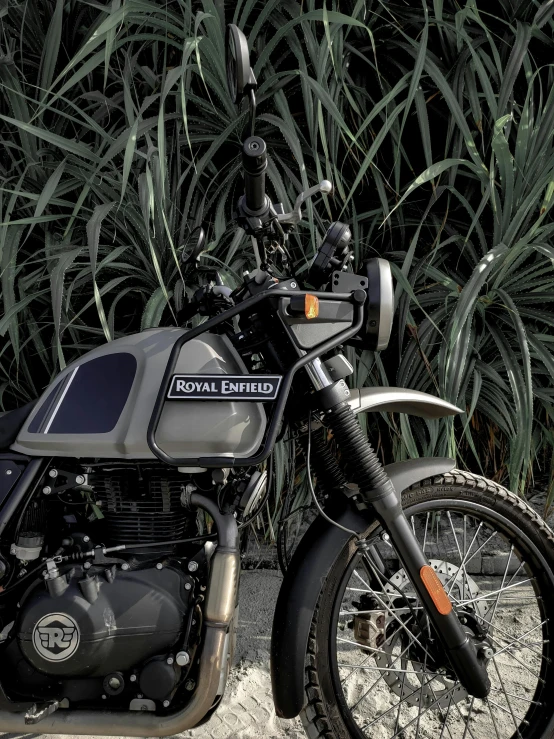 a motorcycle parked on the side of the road, unsplash contest winner, photorealism, wearing a patch over one eye, in gunmetal grey, adventure hyper realistic render, 3/4 front view