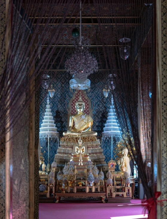 a large buddha sitting in the middle of a room, bangkok, intricate lighting, charts, pagoda
