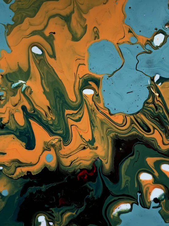 a close up of a painting of a body of water, inspired by Jackson Pollock, trending on unsplash, orange and teal, james nares, made of oil and water, dark yellowish water