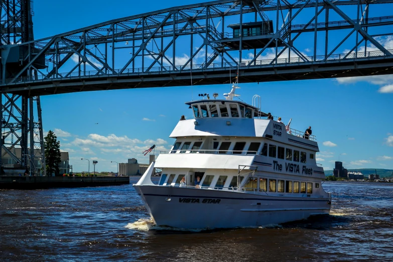 a large white boat traveling under a bridge, in savannah, fuji provia, victory lap, minneapolis