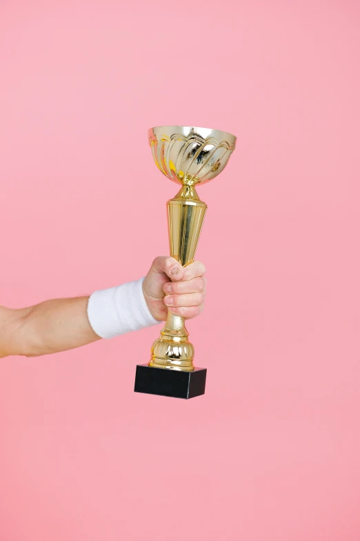 a tennis player holding a trophy on a pink background, pexels contest winner, plated arm, instagram picture, ceo, supportive