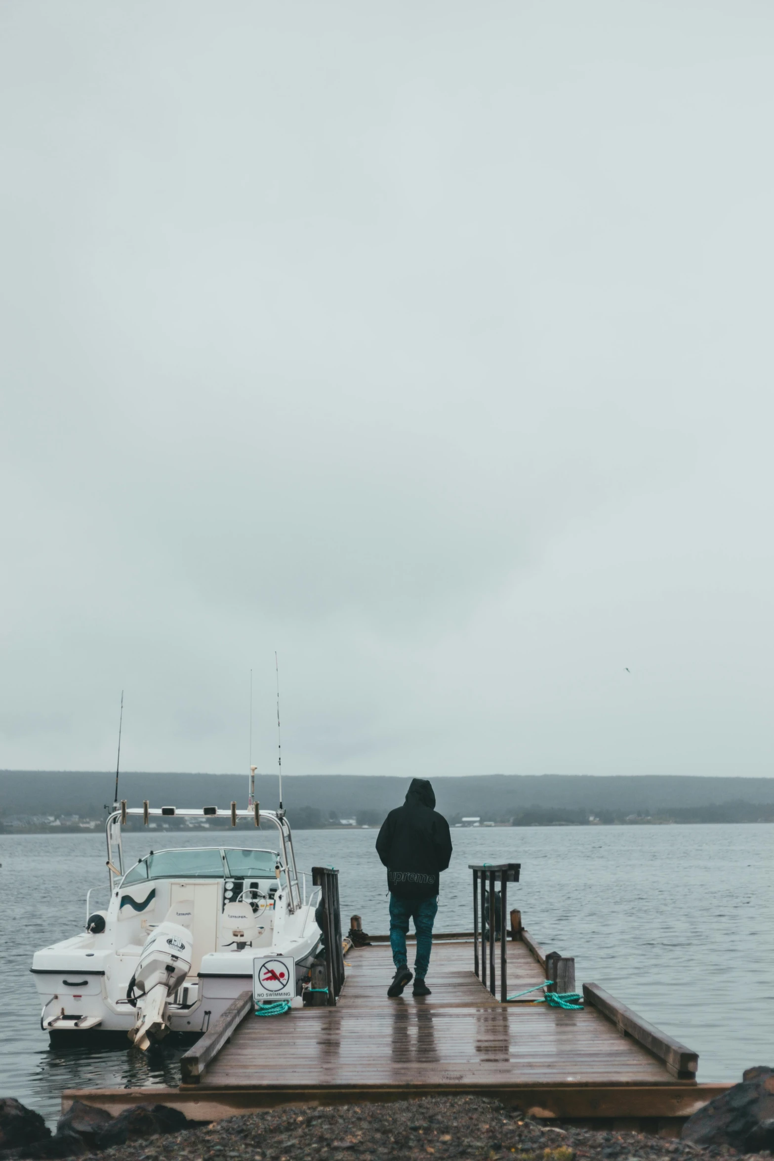 a person standing on a dock next to a boat, a picture, unsplash, happening, overcast gray skies, big island, low quality photo, fishing town