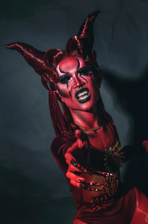 a woman dressed in red posing for a picture, transgressive art, horns and red eyes, drag, promo photo, prominent jaw and visible fangs