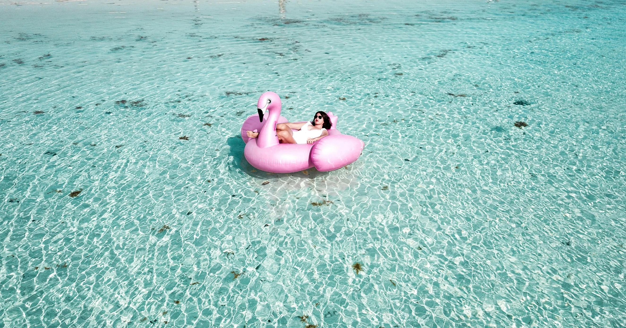 a couple of people floating on top of a pink inflatable, pexels contest winner, bahamas, flamingo, tiffany dover, floating alone