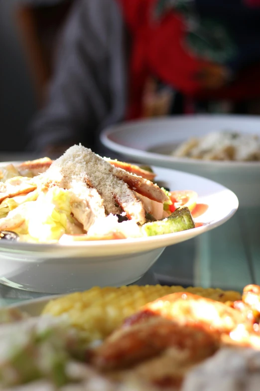 a close up of plates of food on a table, a picture, sunny day time, profile image, served with pasta, multiple stories