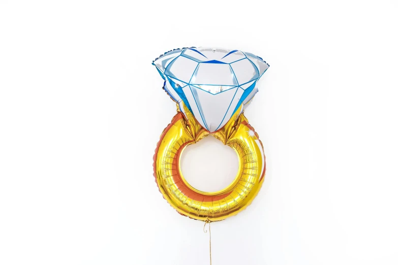 a balloon shaped like a ring with a diamond on it, gold foil, white background : 3, blue jewellery, fan favorite