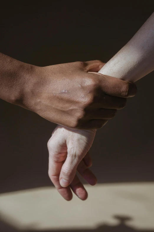 a close up of two people holding hands, by Alison Geissler, mixed race, gradient brown to white, ( low key light ), mechanics