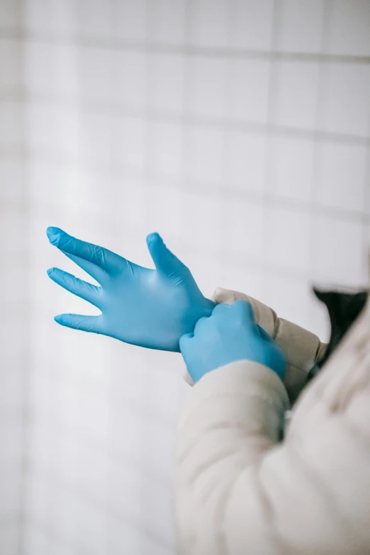 a person in a white coat and blue gloves, gloves, thumbnail, ((blue))