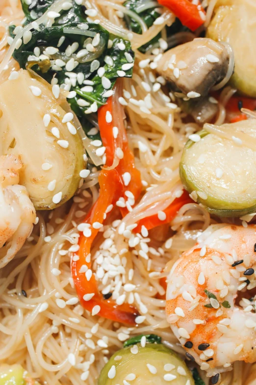 a plate of noodles with shrimp and vegetables, inspired by Li Di, unsplash, mingei, medium detail, square, foil, mix