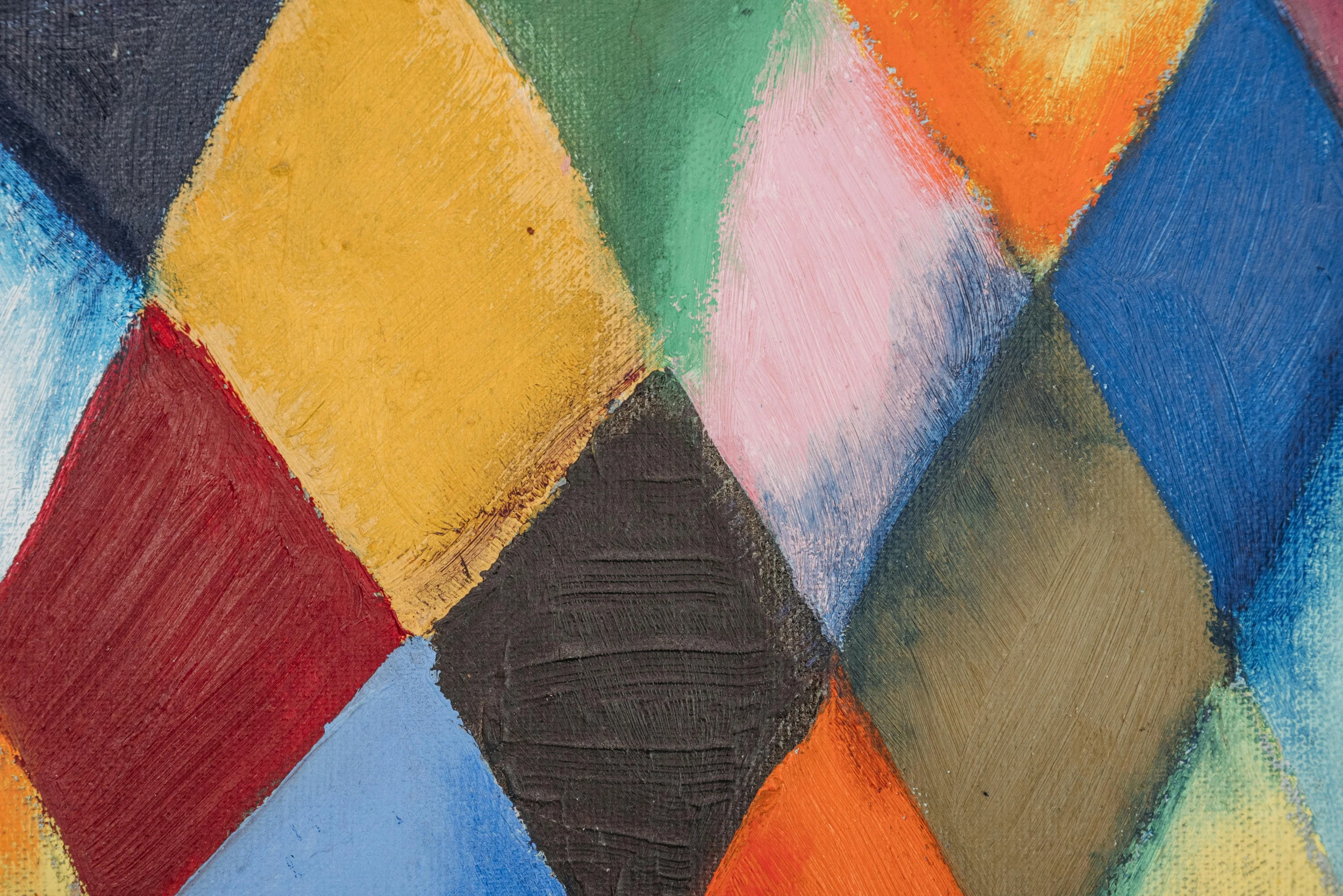 a painting of a multicolored diamond pattern, inspired by Alexej von Jawlensky, trending on unsplash, detail shot, oil on canvas (1921)”, gary chalk, klee