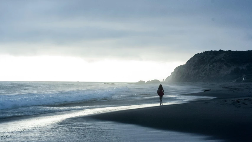 a person standing on a beach next to the ocean, kahikatea, walking away, profile image, pch