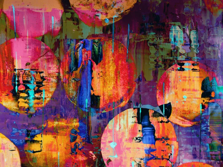 a painting of a bunch of oranges on a wall, an abstract painting, inspired by Richter, pexels, abstract art, multicolored digital art, spheres, 64x64, purple orange colors