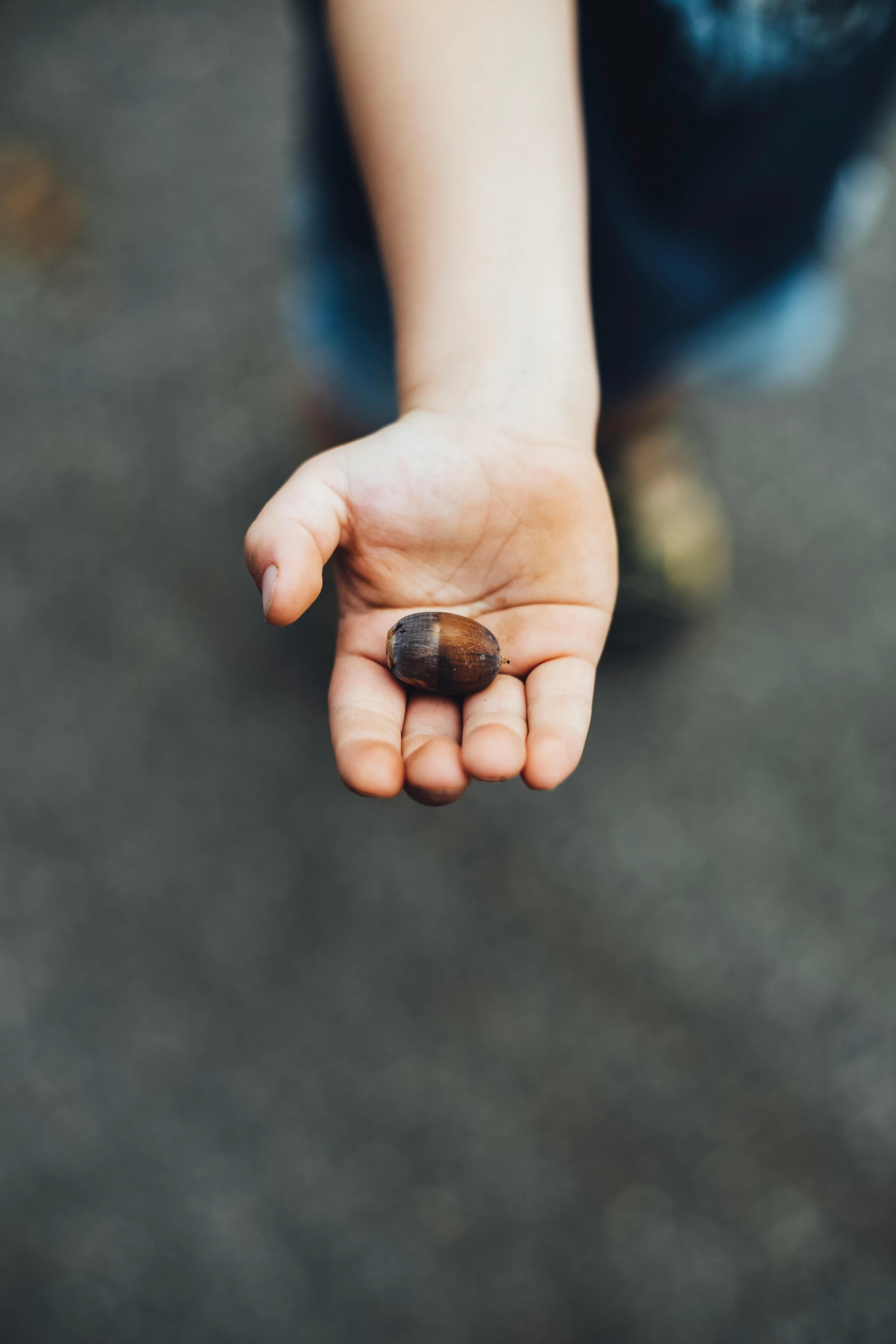 a person holding a piece of fruit in their hand, pebbles, brown, instagram picture, little kid