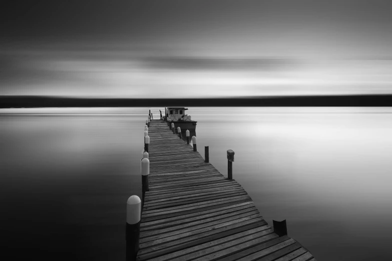 a black and white photo of a pier, a black and white photo, by Holger Roed, pexels contest winner, long exposure 8 k, lake house, ilustration, end of the day