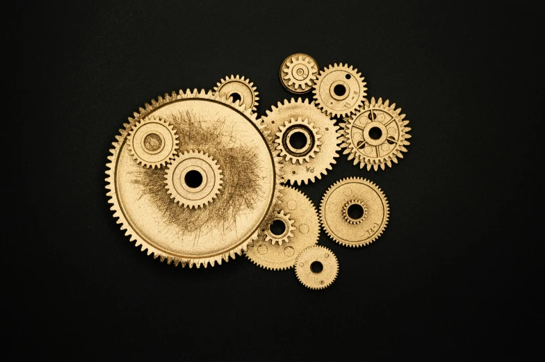 golden gears on a black background, an album cover, inspired by William Gear, pexels contest winner, kinetic art, instagram post, ilustration, minimalist art, kris kuksi