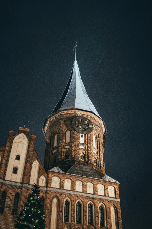 a clock tower with a christmas tree in front of it, by Sebastian Spreng, unsplash contest winner, romanesque, helmond, dark gloomy church, pointy hat, dome