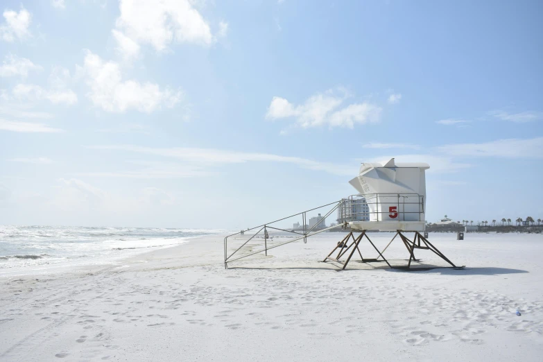a lifeguard tower sitting on top of a sandy beach, by Carey Morris, unsplash contest winner, high snow, square, white sand, white