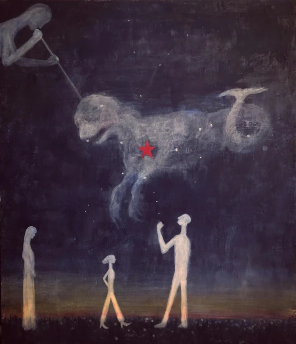 a painting of a group of people flying a kite, by Attila Meszlenyi, metaphysical painting, aries constellation, communist starfish, subject: dog, (night)