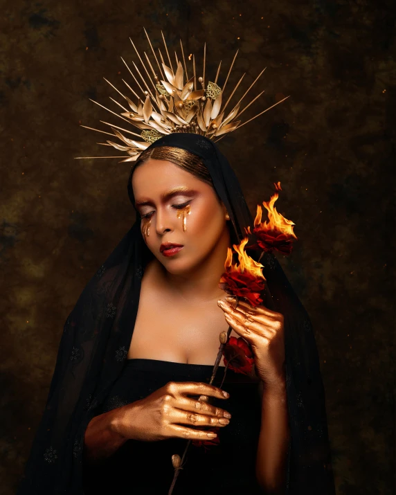 a woman with a crown on her head holding a flower, an album cover, inspired by Lucas Cranach the Elder, pexels contest winner, burning halo, nun fashion model, lgbtq, black crown