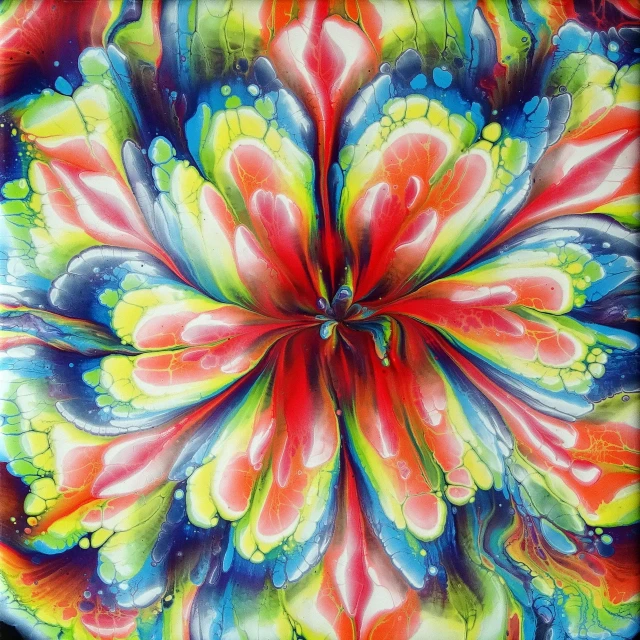 a close up of a painting of a flower, metaphysical painting, kaleidoscopic colors, airbrush on canvas, pour paint, multicoloured